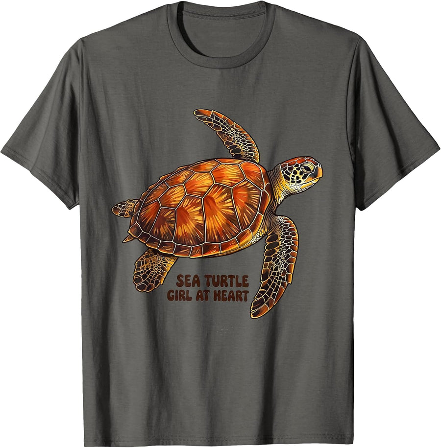 Sea Turtle Girl At Heart Retro 70s Sea Turtle Lover Gift T-Shirt - Asphalt Grey