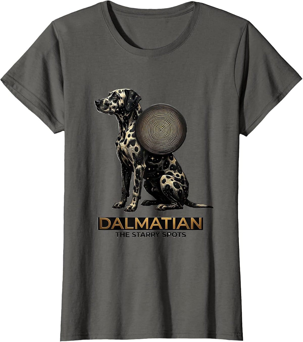 Women's Dalmatian, The Starry Spots Wood Type Letterpress Art Dog T-Shirt - Asphalt Grey