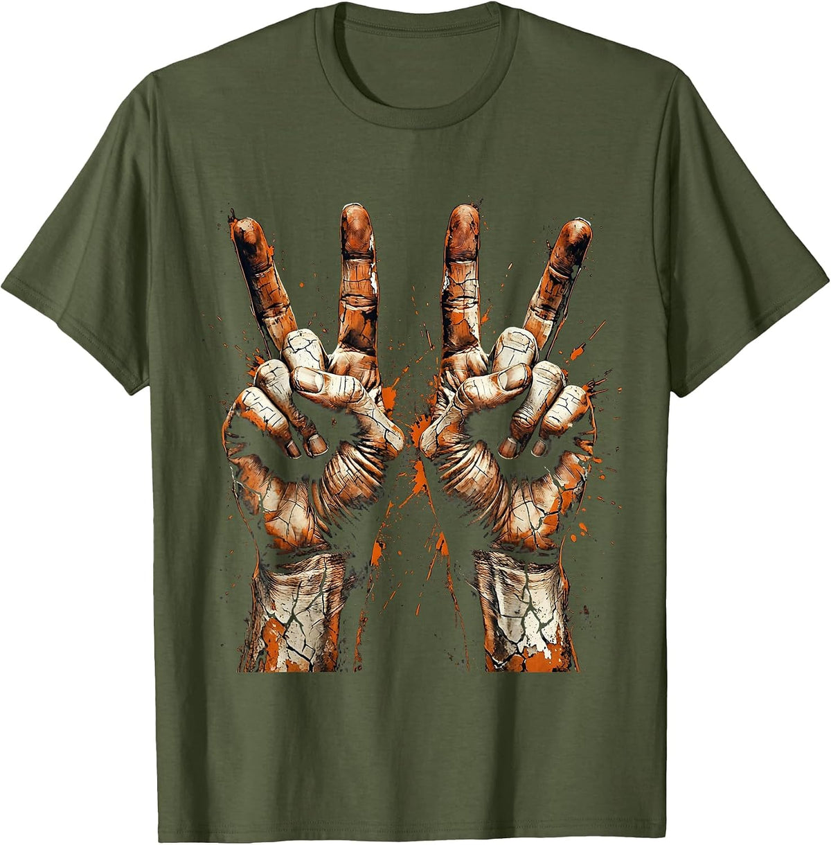 Rock On Devil Horns Hand Sign Concert Graphic T-Shirt - Olive Green