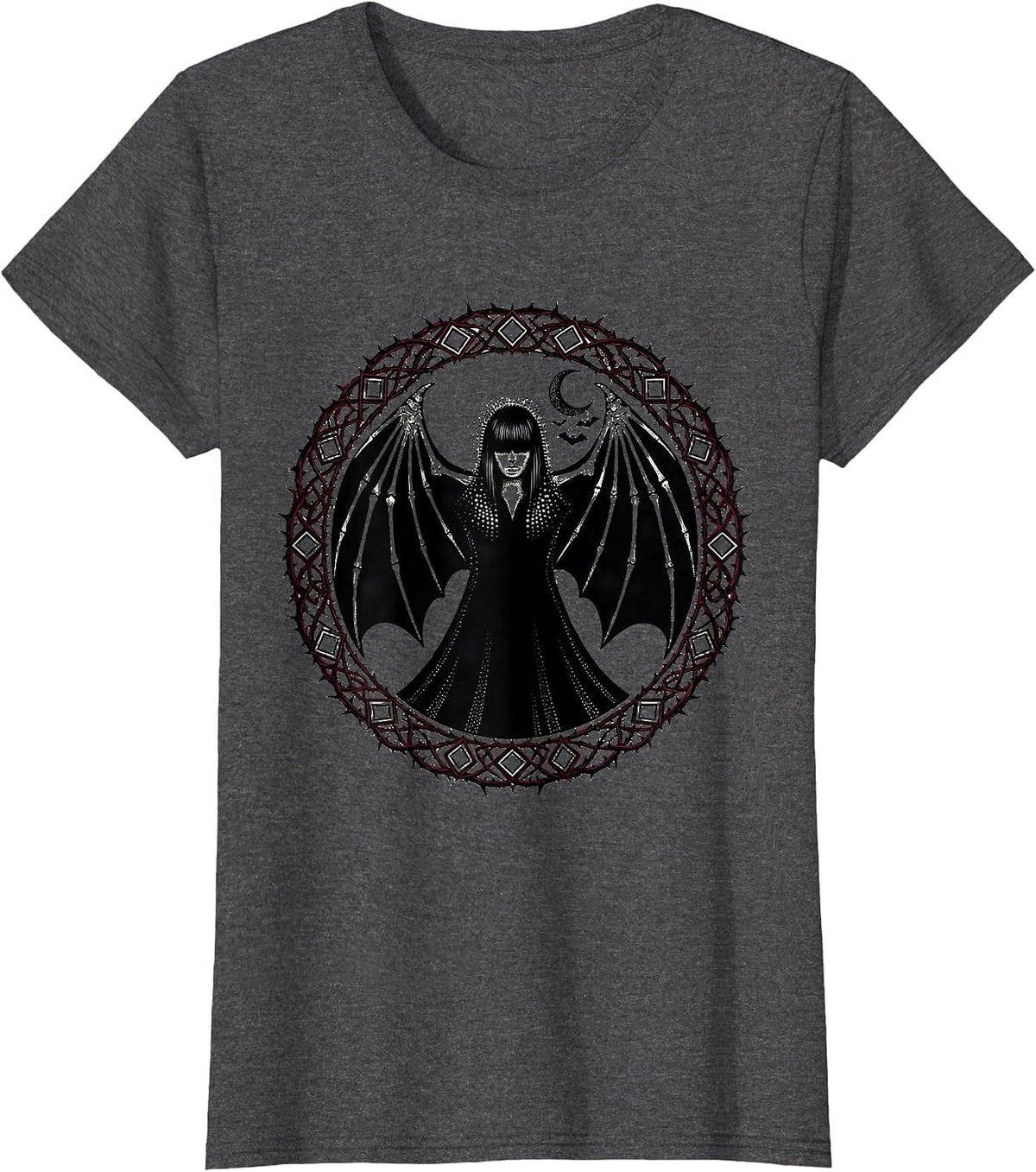 Women's Goth Girl Bat Wing Cloak Dark Fantasy Art T-Shirt - Dark Heather Grey