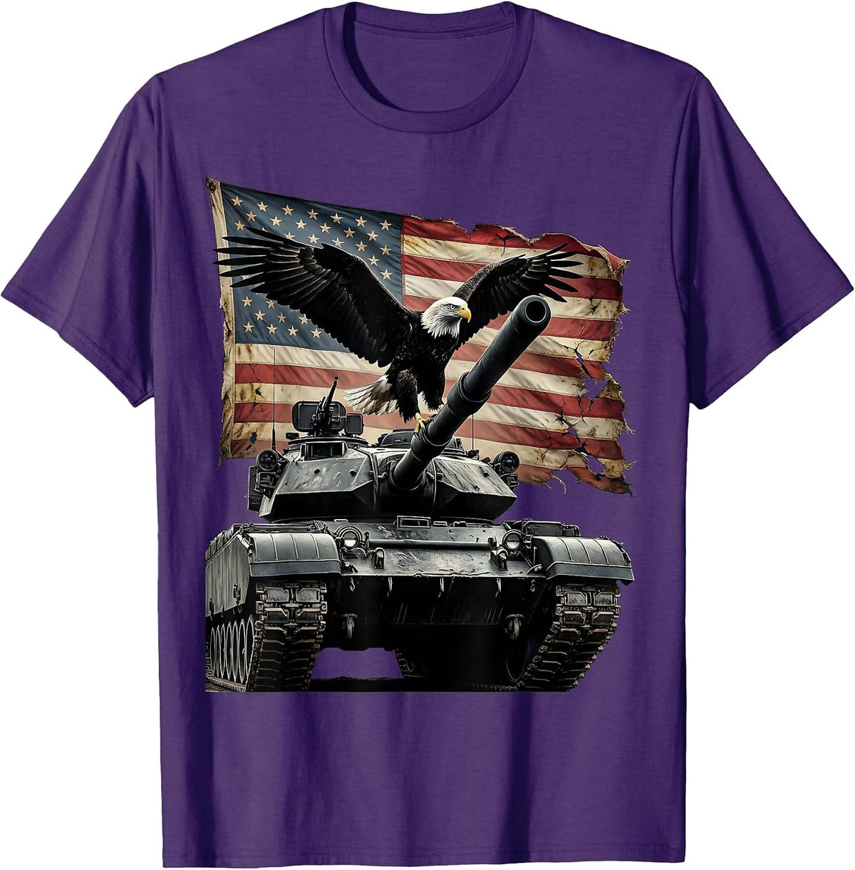 Bald Eagle Perched on Tank Barrel Patriotic Art T-Shirt - Purple