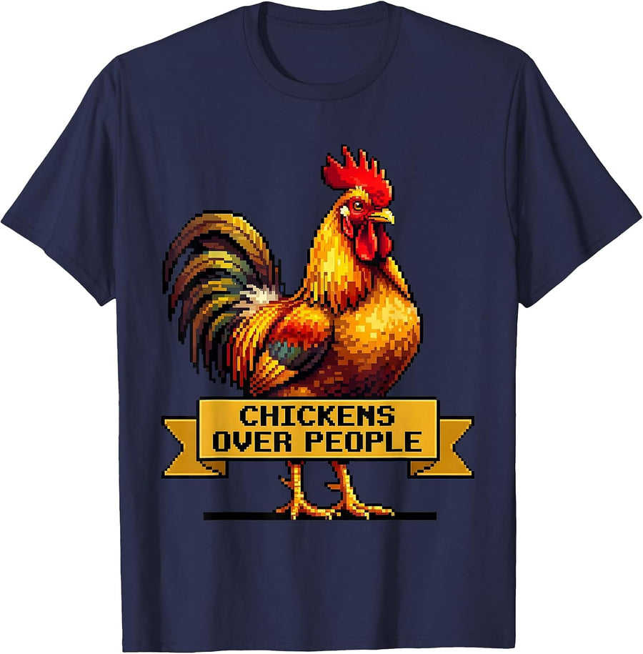 Chickens Over People Funny Chicken Lover Design T-Shirt - Navy Blue