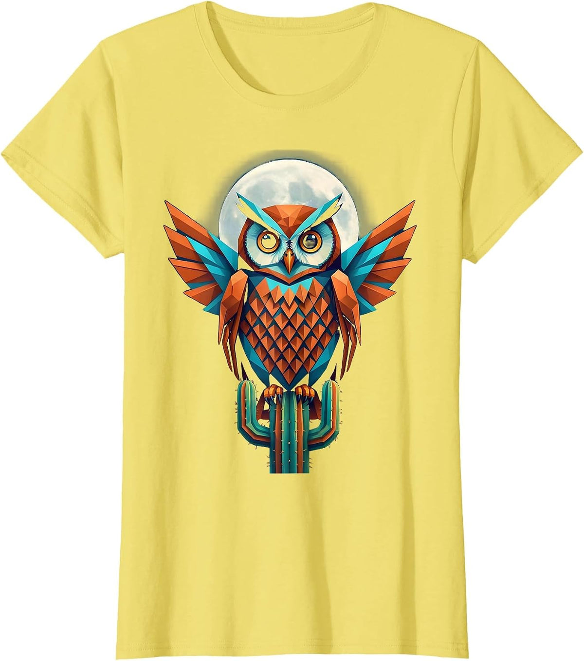 Mexican Owl on Cactus Full Moon Illustration T-Shirt - Lemon Yellow