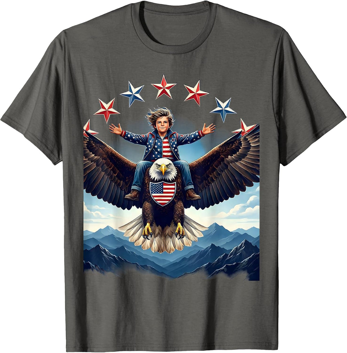 Men's American Flag Bald Eagle Mountain Rider Design T-Shirt - Asphalt Grey