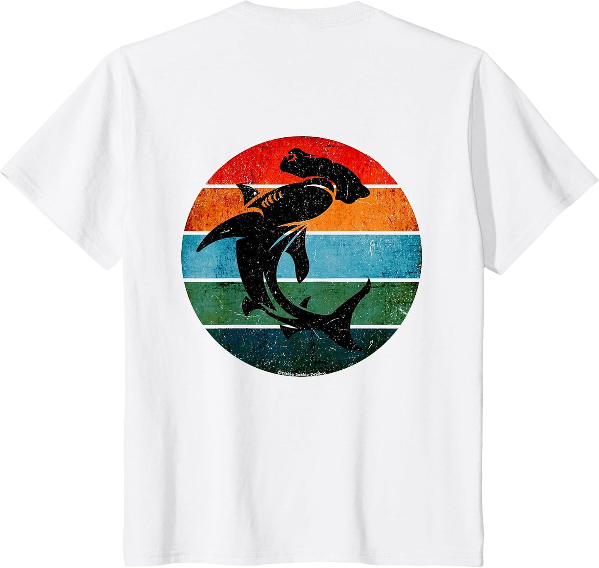 On Back. Cool Grunge Hammerhead Shark on Retro Sun Shark T-Shirt - White
