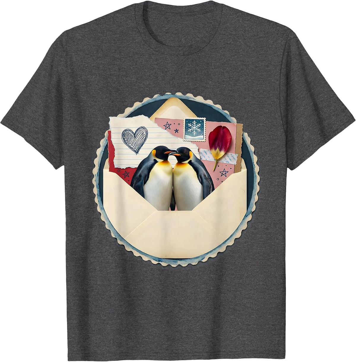 Penguin Love Couple Huddled in Snow Illustration T-Shirt - Dark Heather Grey