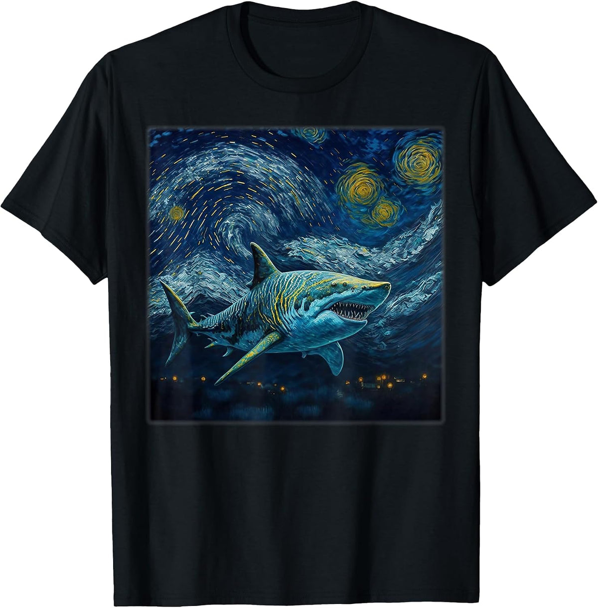 Surrealism Starry Night Tiger Shark T-Shirt, Men, Black, Small - As Pictured