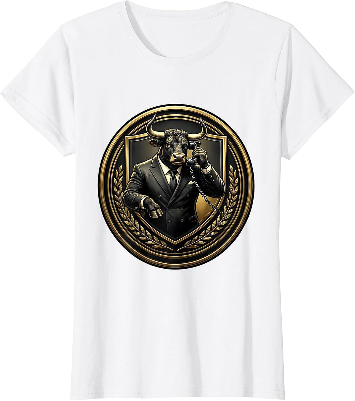 Bull in Business Suit Holding Phone Graphic T-Shirt - White