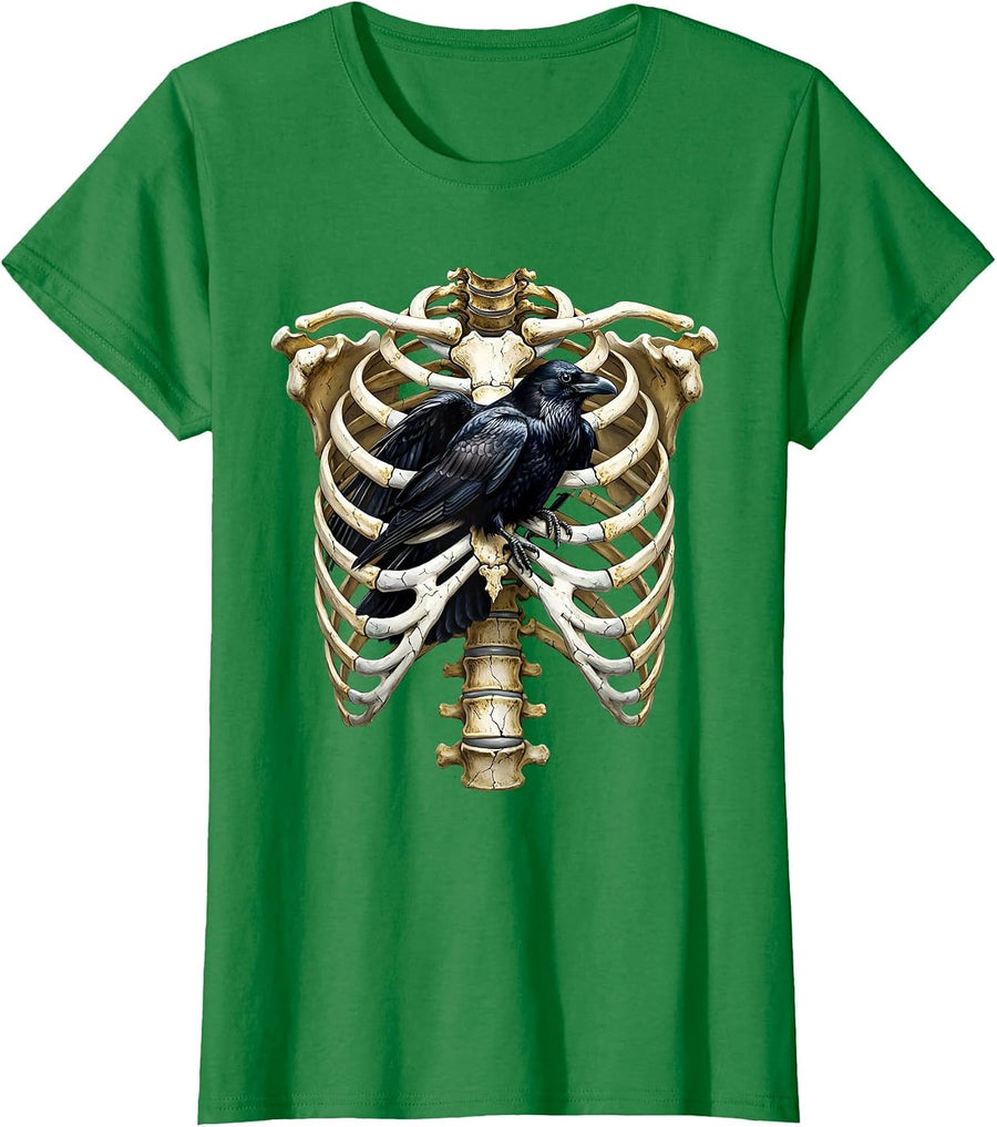 Women's Raven in Skeleton Ribcage Dark Gothic Art T-Shirt - Kelly Green
