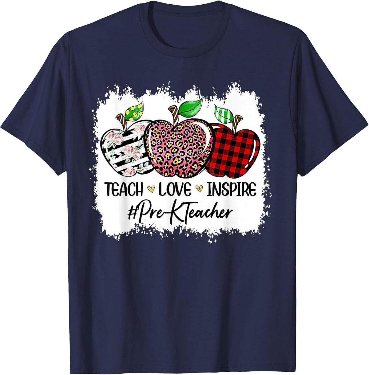 Teach Love Inspire Pre-k Teacher Apple Leopard Red Plain T-Shirt - Navy Blue