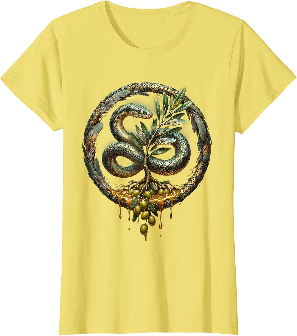 Women's Serpent and Olive Branch Illustration Design T-Shirt - Lemon Yellow