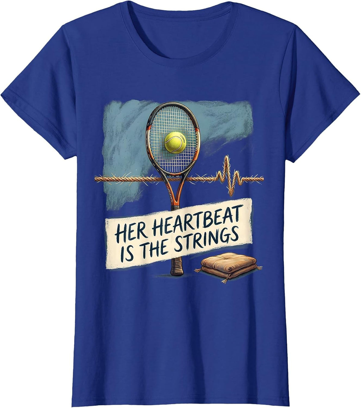Women's Her Heartbeat Is The Strings Storybook Tennis Lover Gift T-Shirt - Royal Blue