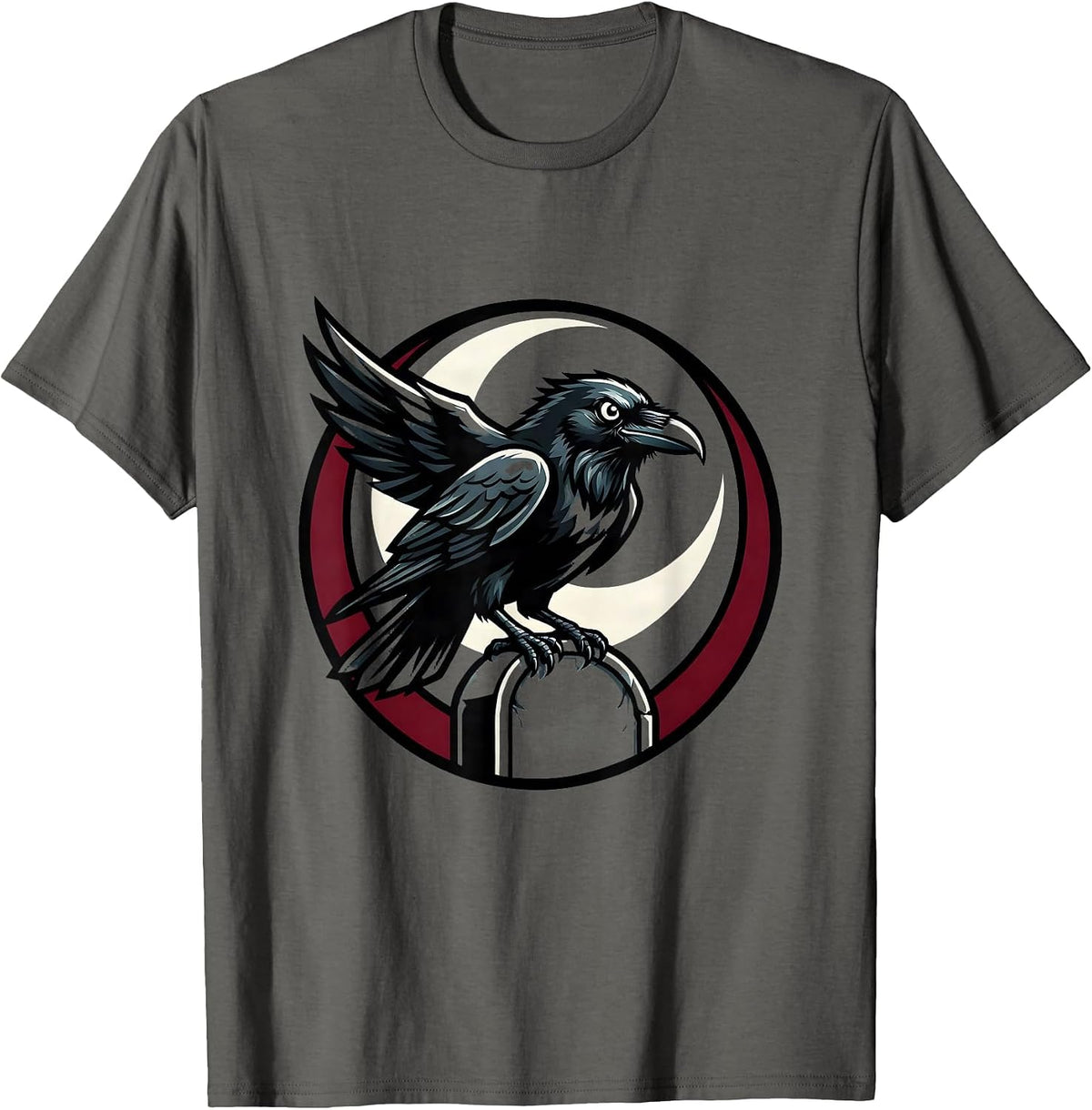 Raven on Gravestone Crescent Moon Gothic Art T-Shirt - Asphalt Grey