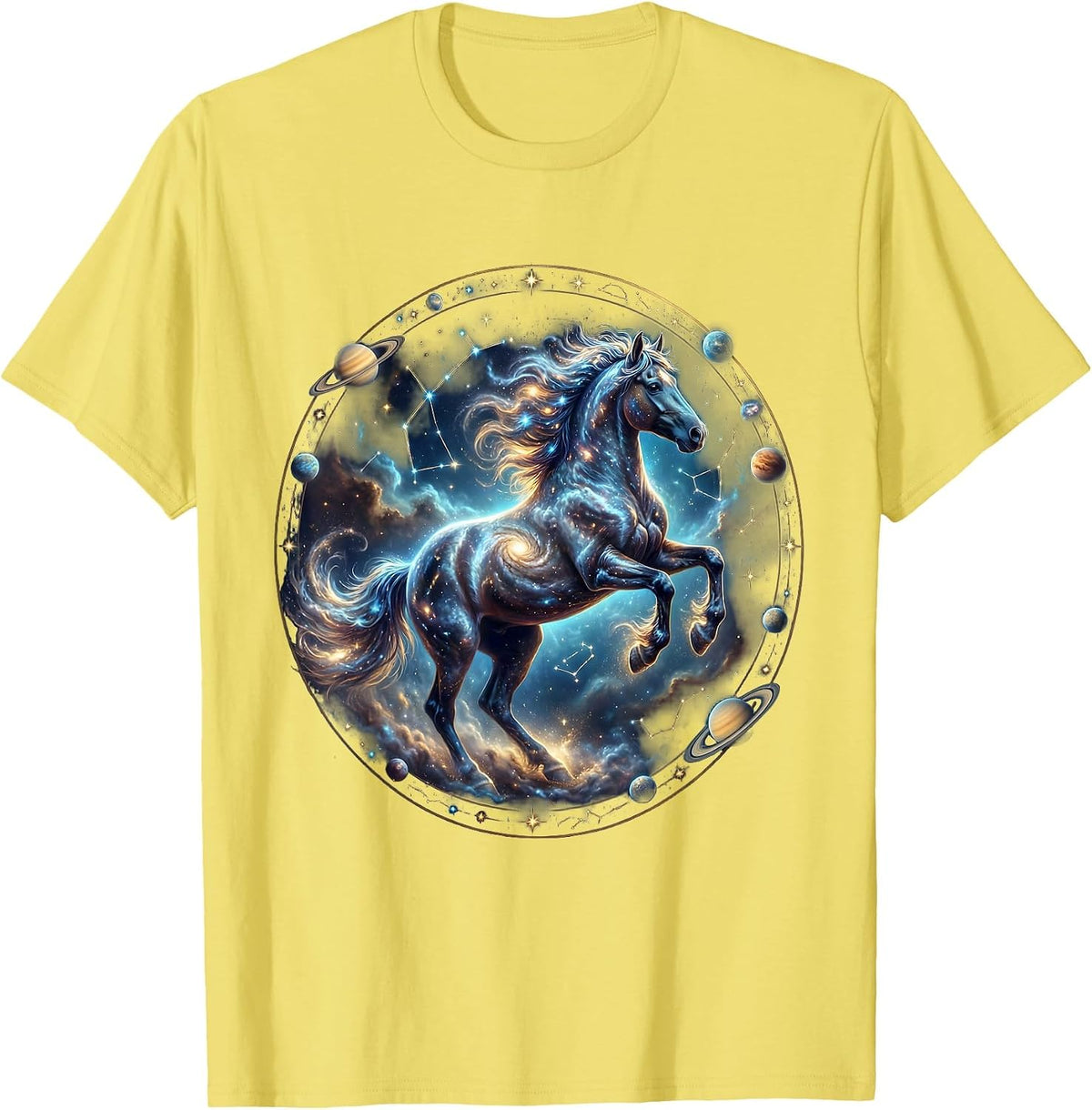 Men's Wild Horse Galloping Through Tall Grass Illustration T-Shirt - Lemon Yellow