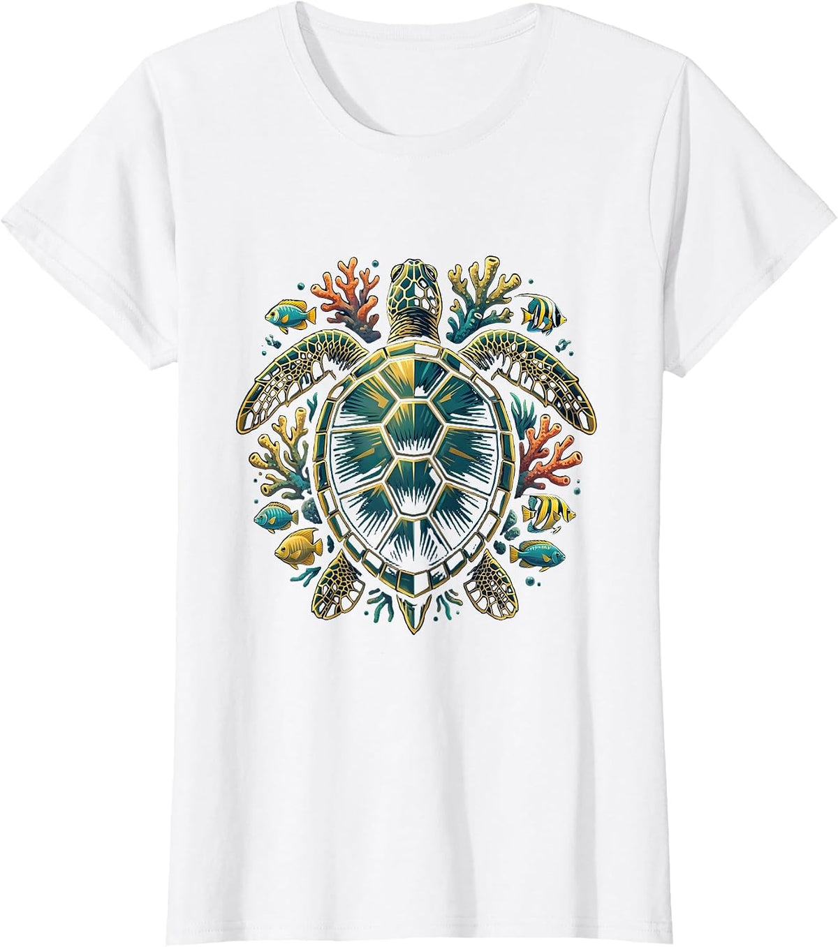 Women's Boys Hawaiian Sea Turtle Coral Reef Graphic T-Shirt - White