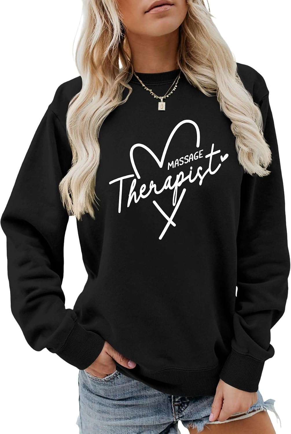 Massage Therapist Sweatshirt for Women Heart Graphic Massage Therapy Shirt Crew Neck Sweater - Black
