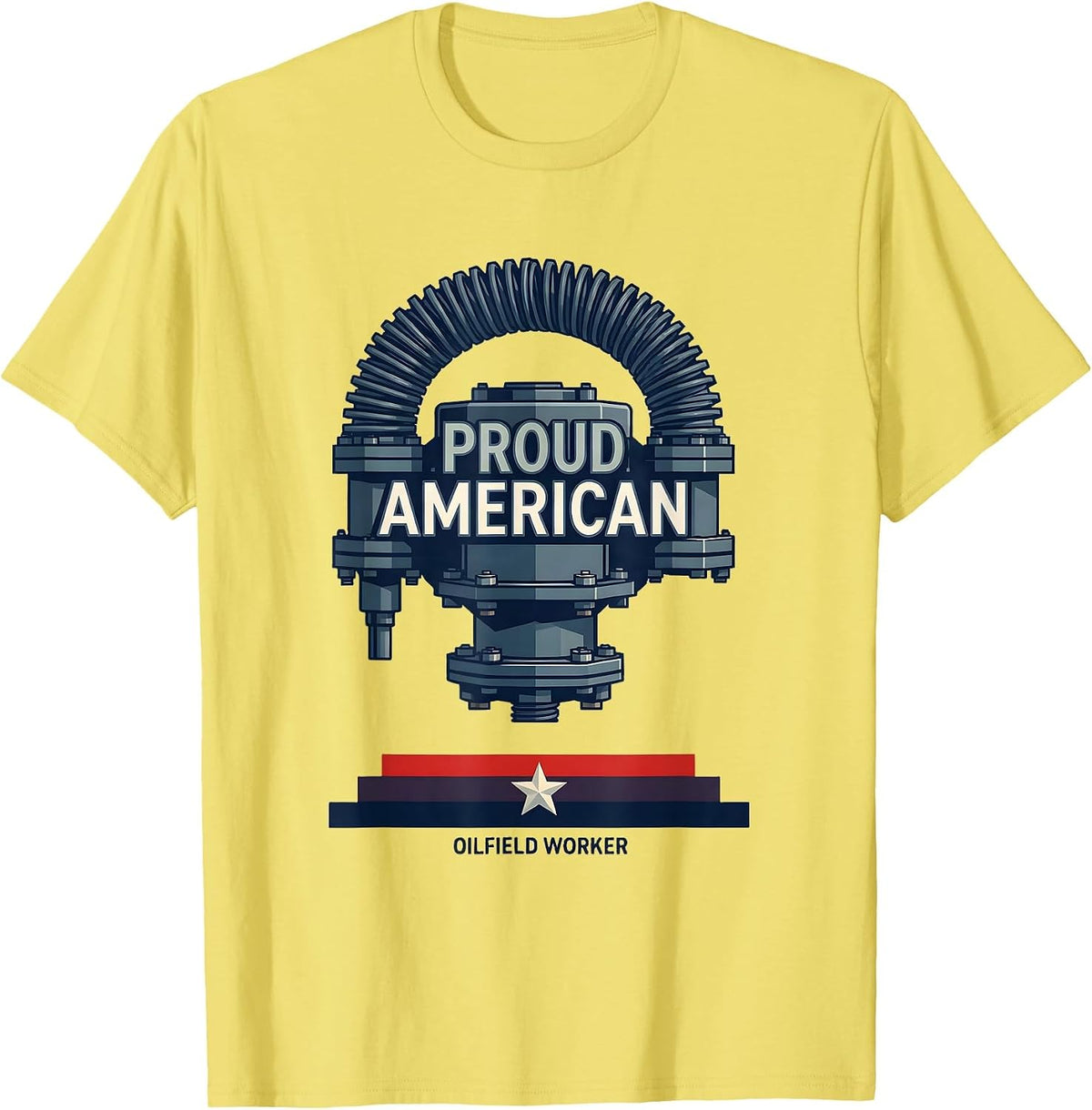 Men's Proud American Oilfield Worker Flat Vector Patriotic T-Shirt - Lemon Yellow