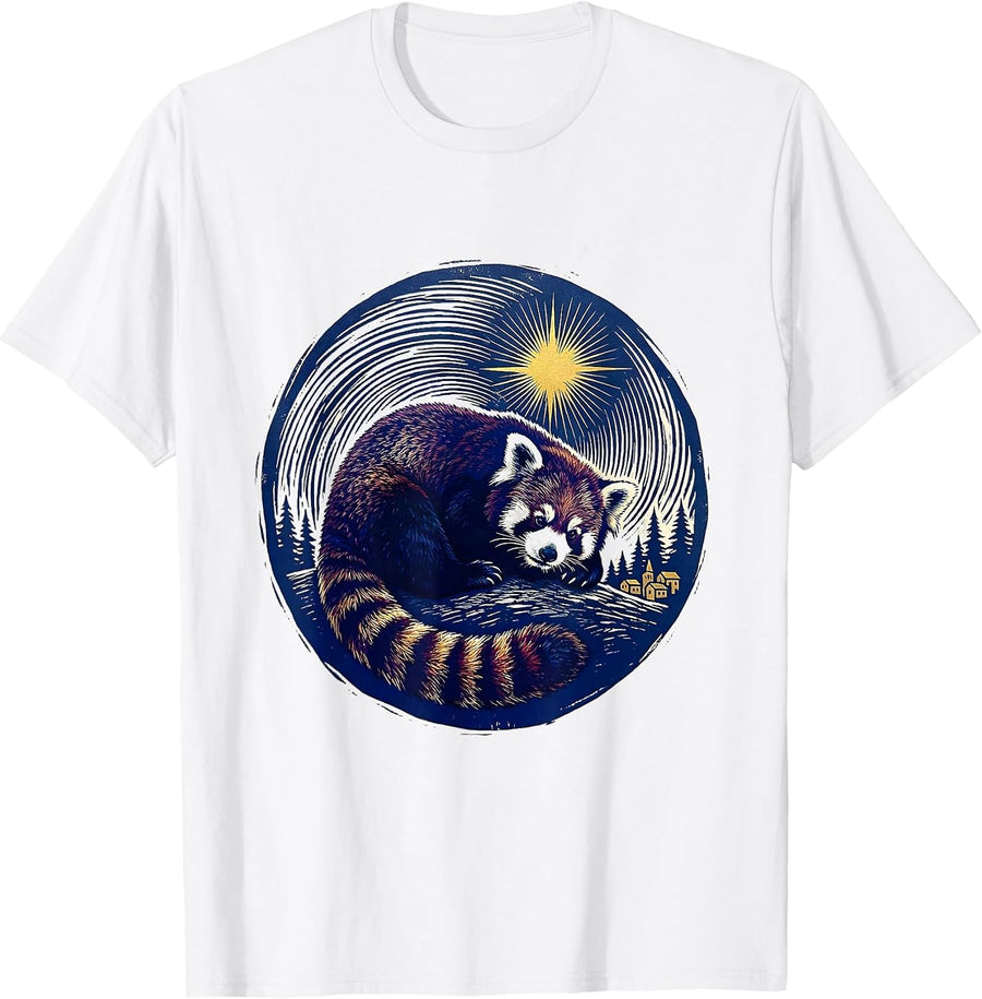 Men's Red Panda Starry Night Whimsical Art Lover Gift T-Shirt - White