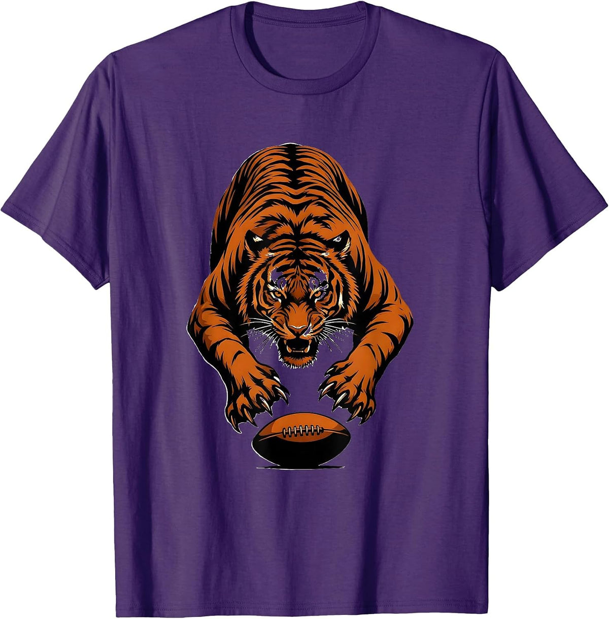 Tiger Pouncing on Rugby Ball Graphic Design T-Shirt - Purple