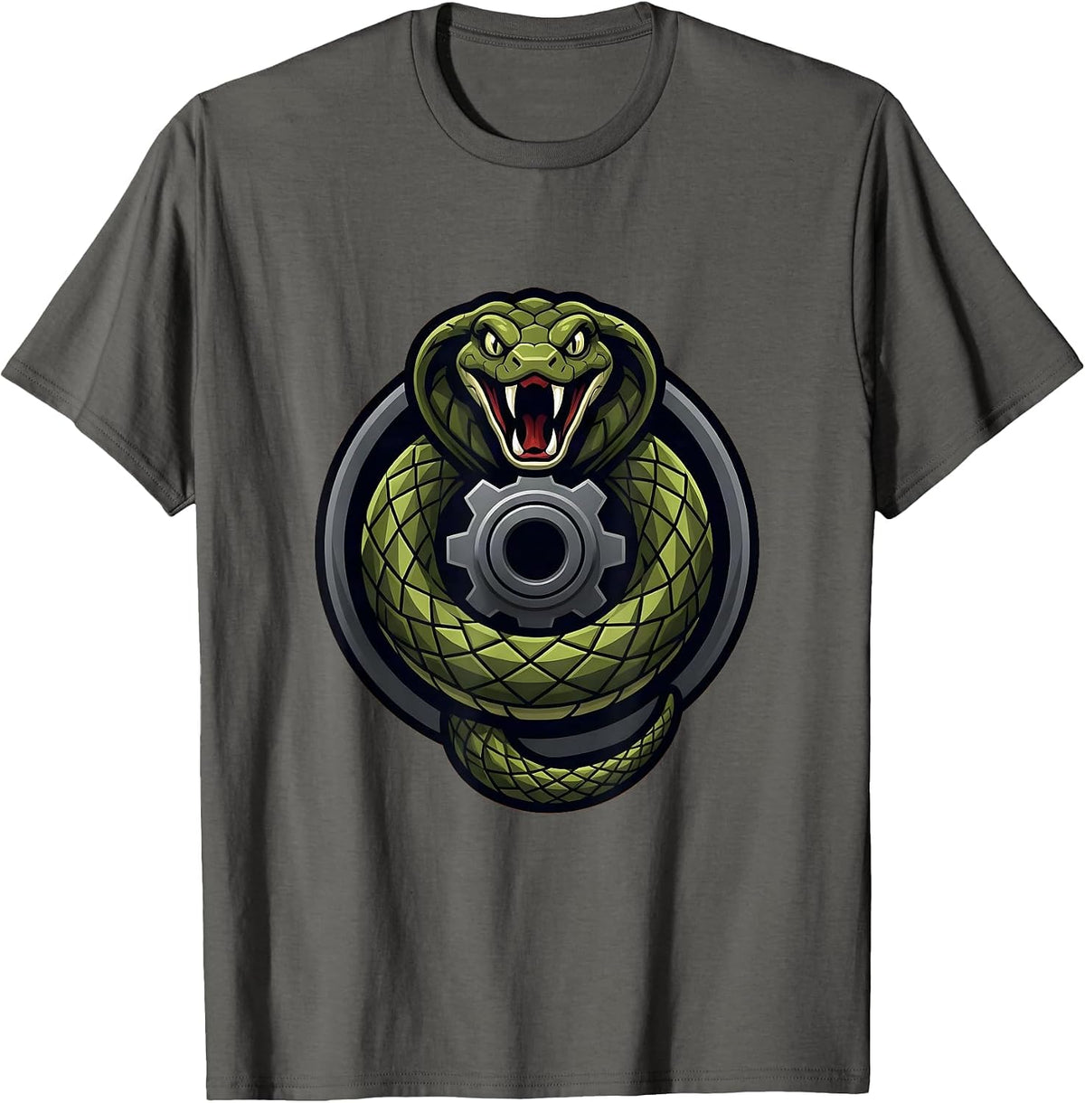 Snake Coiled Around Gear Shaft Mechanic Design T-Shirt - Asphalt Grey