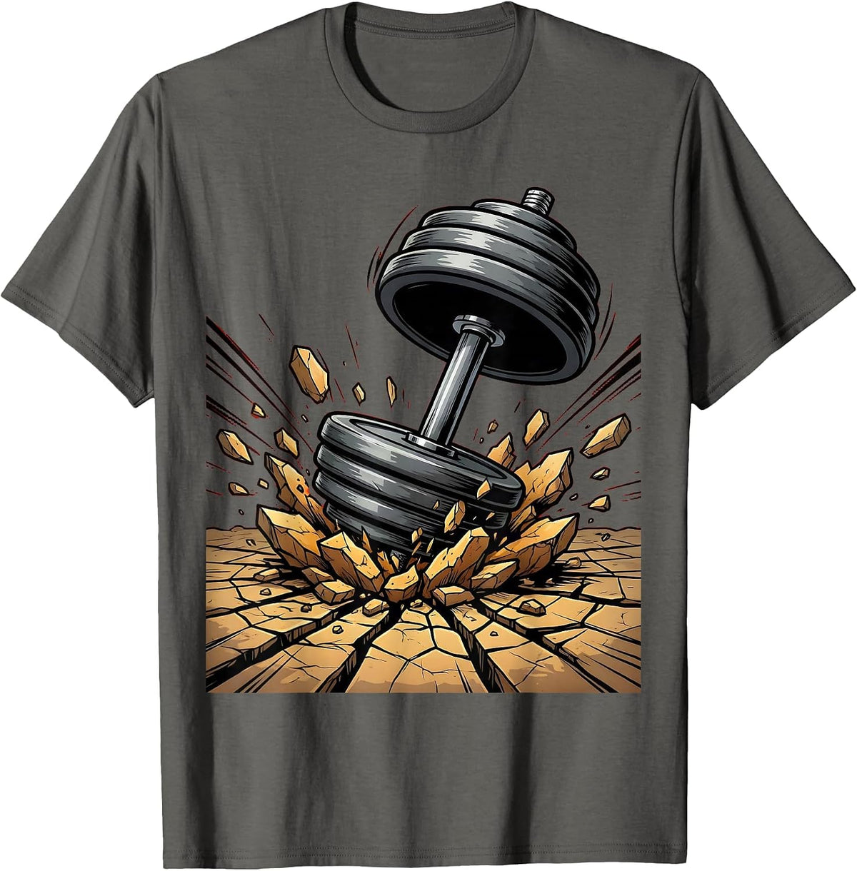 Dumbbell Smashing Through Stone Ground Graphic T-Shirt - Asphalt Grey