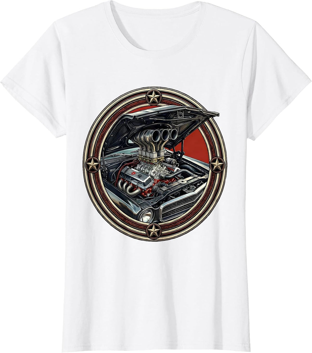 Women's Vintage Hot Rod Engine Bursting Through Hood T-Shirt - White