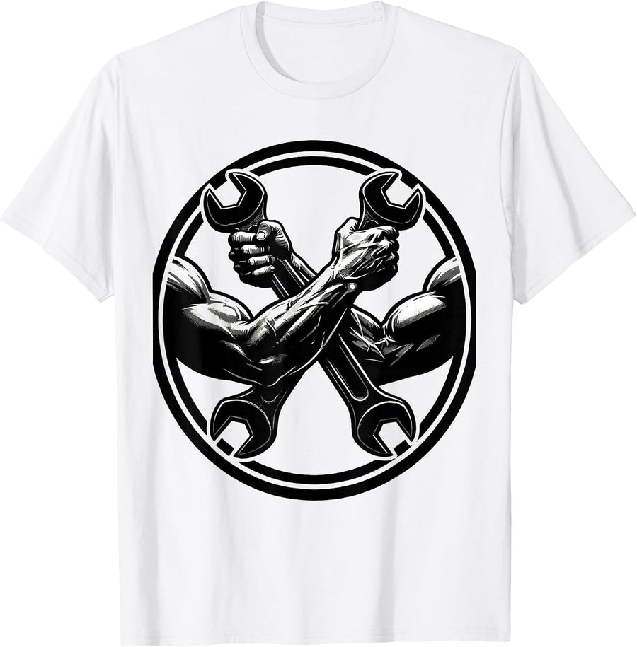 Men's Mechanic Wrench Gripping Muscular Arms Graphic T-Shirt - White