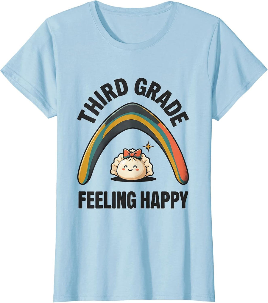 Women's Third Grade Feeling Happy Cute Kawaii Dumpling Back T-Shirt - Baby Blue