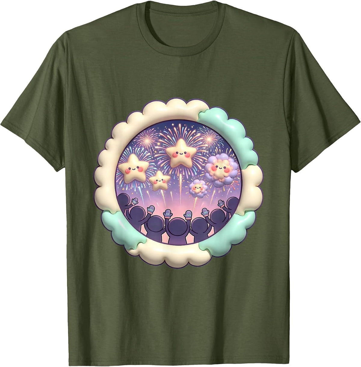 Crowd Silhouette Fireworks Cheer Celebration T-Shirt - Olive Green