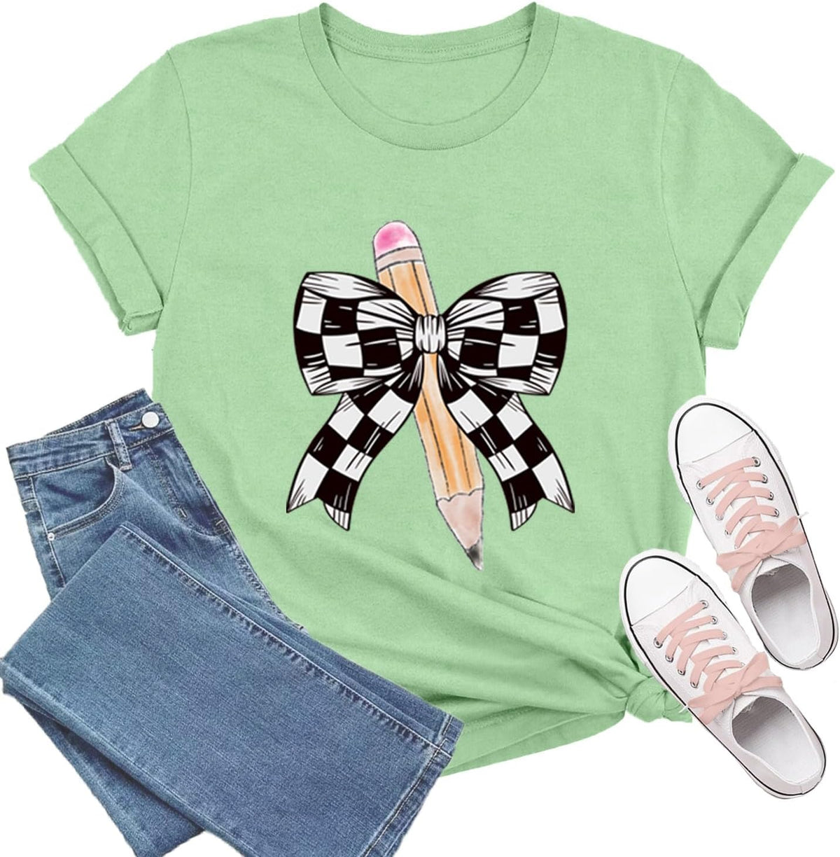 Teacher Shirts for Women Bow Teacher T-Shirt Pencil Teaching Tee Tops - Green1