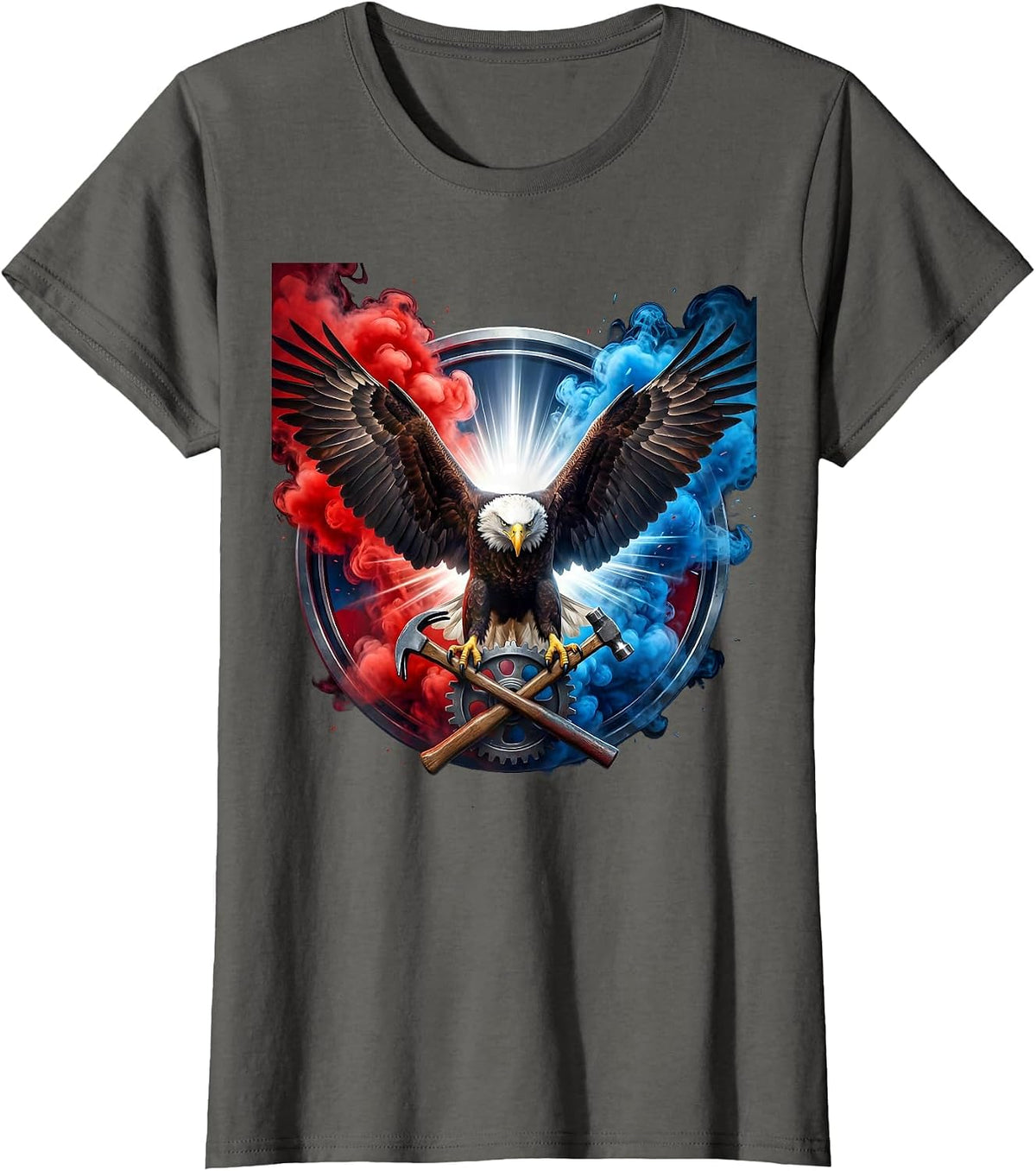 Women's Patriotic Bald Eagle Gear and Hammer Graphic T-Shirt - Asphalt Grey