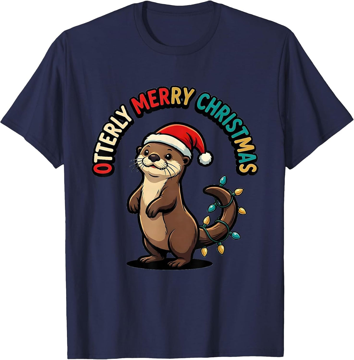 Otterly Merry Christmas Cute Otter Cartoon Animal Lover T-Shirt - Navy Blue