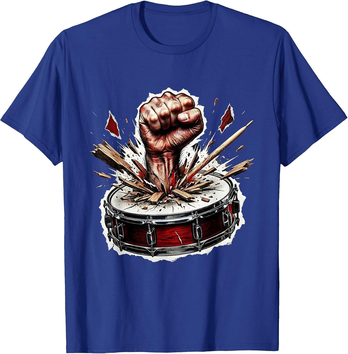 Classic Rock Fist Through Bass Drum Graphic T-Shirt - Royal Blue