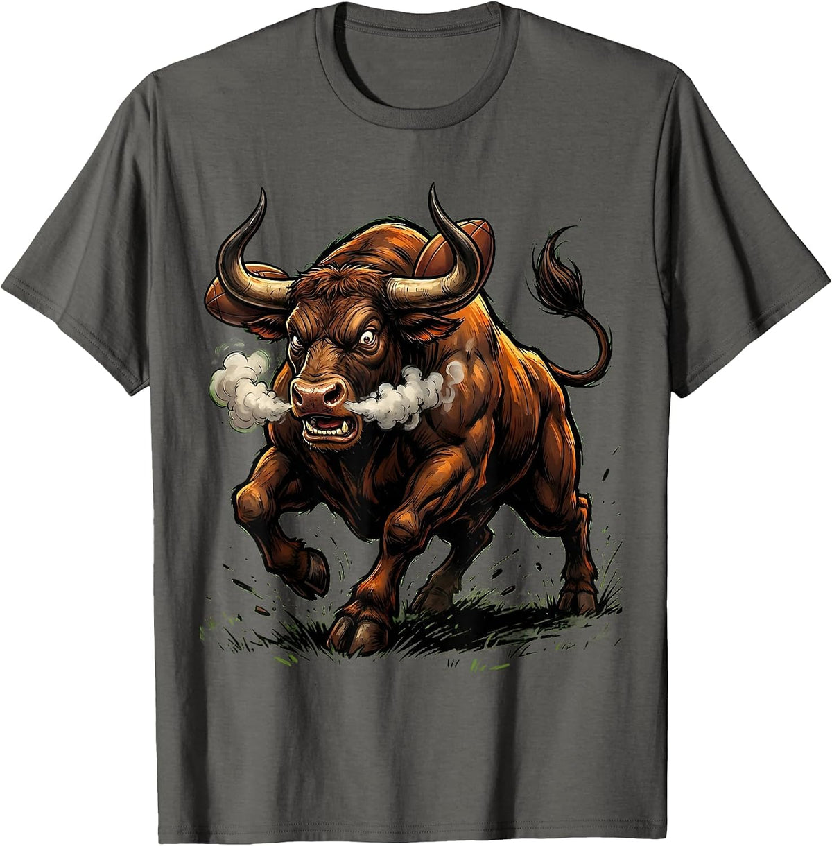 Charging Bull Rugby Player Graphic Tee T-Shirt - Asphalt Grey
