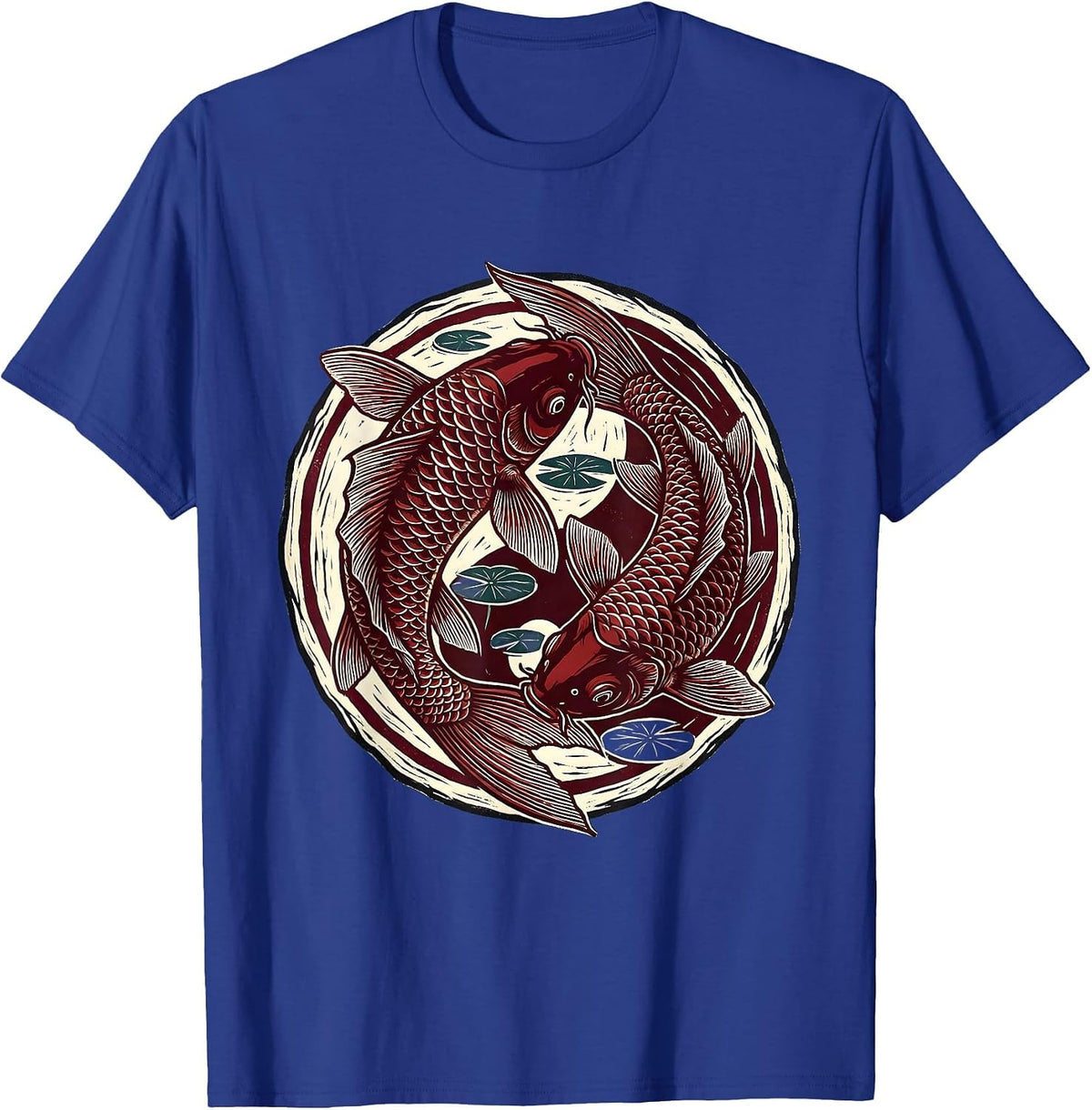 Koi Fish Circling Round Pond Illustration T-Shirt - Royal Blue