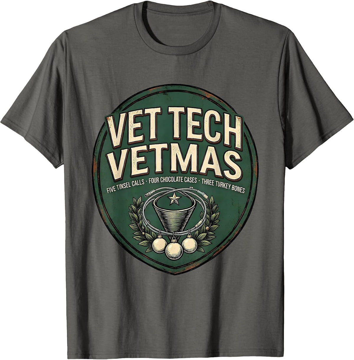 Vet Tech Vetmas Vintage Veterinary Clinic Christmas Humor T-Shirt - Asphalt Grey