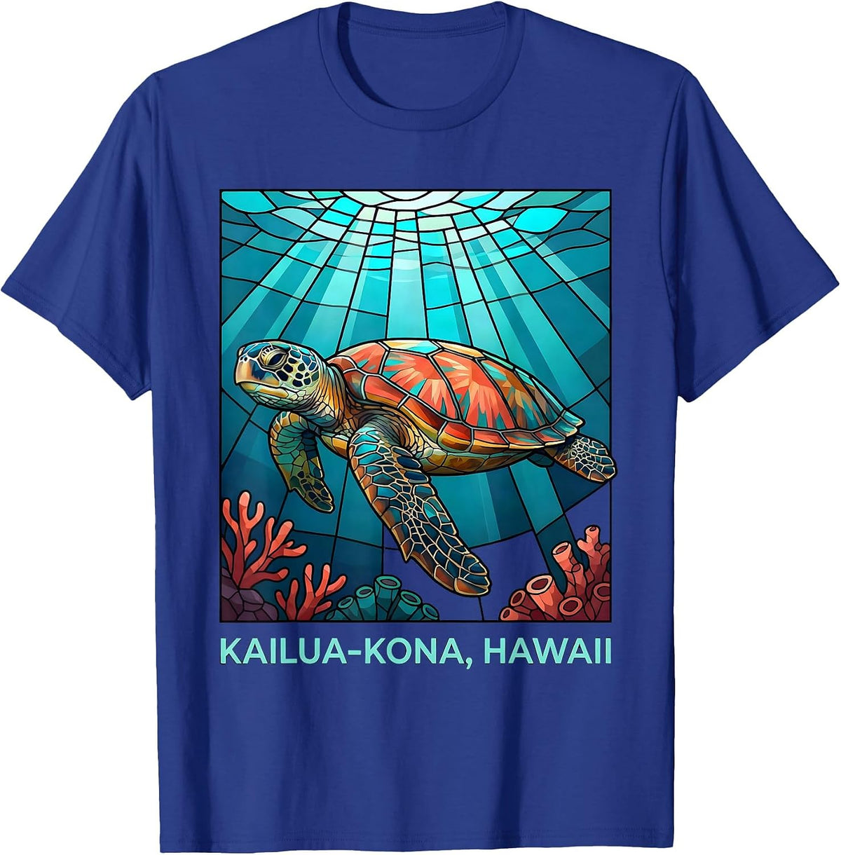 Men's Kailua-Kona, Hawaii Stained Glass Mosaic Sea Turtle Souvenir T-Shirt - Royal Blue