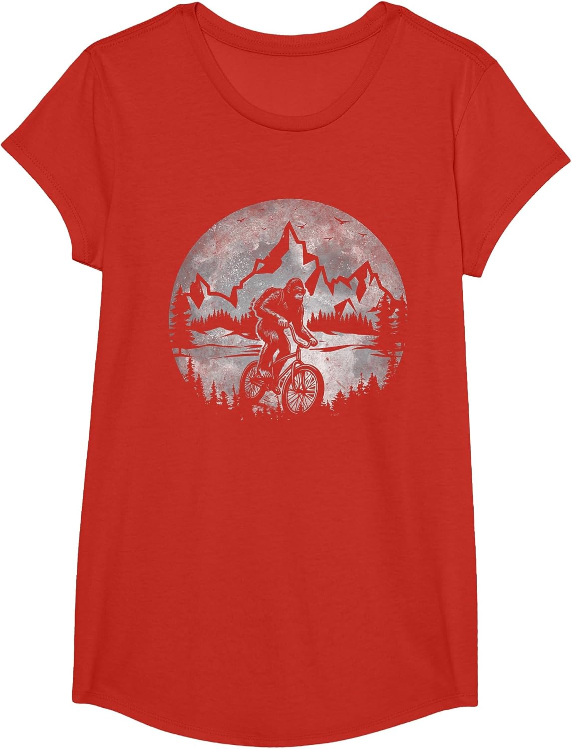 Bigfoot Riding Bicycle Mountain Biking Moon Bigfoot Cycling T-Shirt - Girls Red