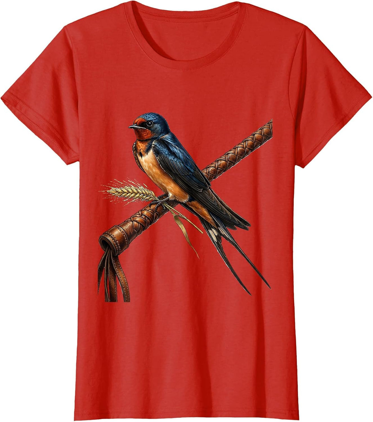 Barn Swallow on Riding Crop Equestrian Design T-Shirt - Red