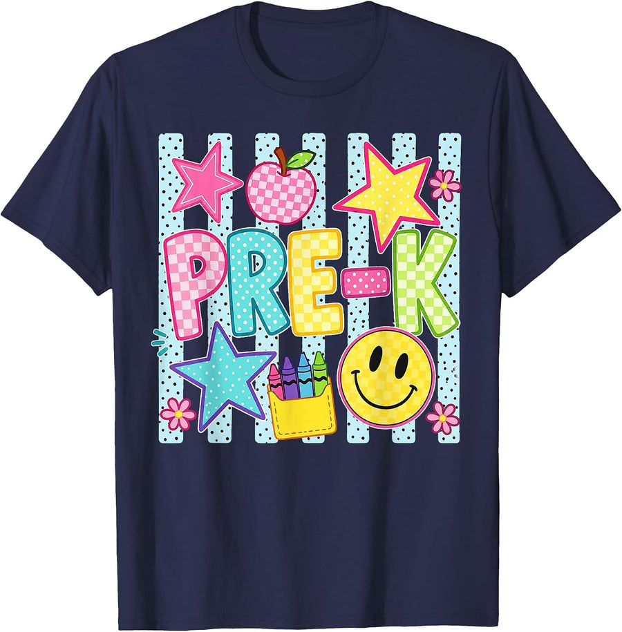 Striped Preppy Preschool Back to School Teacher Girl Kids T-Shirt - Navy Blue