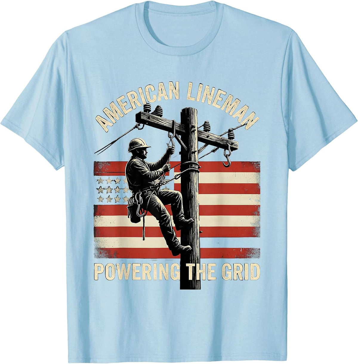 Men's American Lineman Powering the Grid Distressed Electrician T-Shirt - Baby Blue