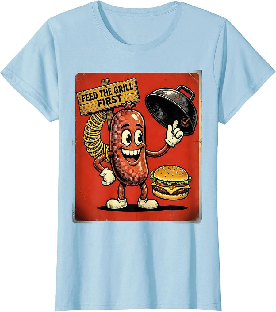 Women's Feed The Grill First Retro Cartoon Funny BBQ Grilling 4th Of T-Shirt - Baby Blue
