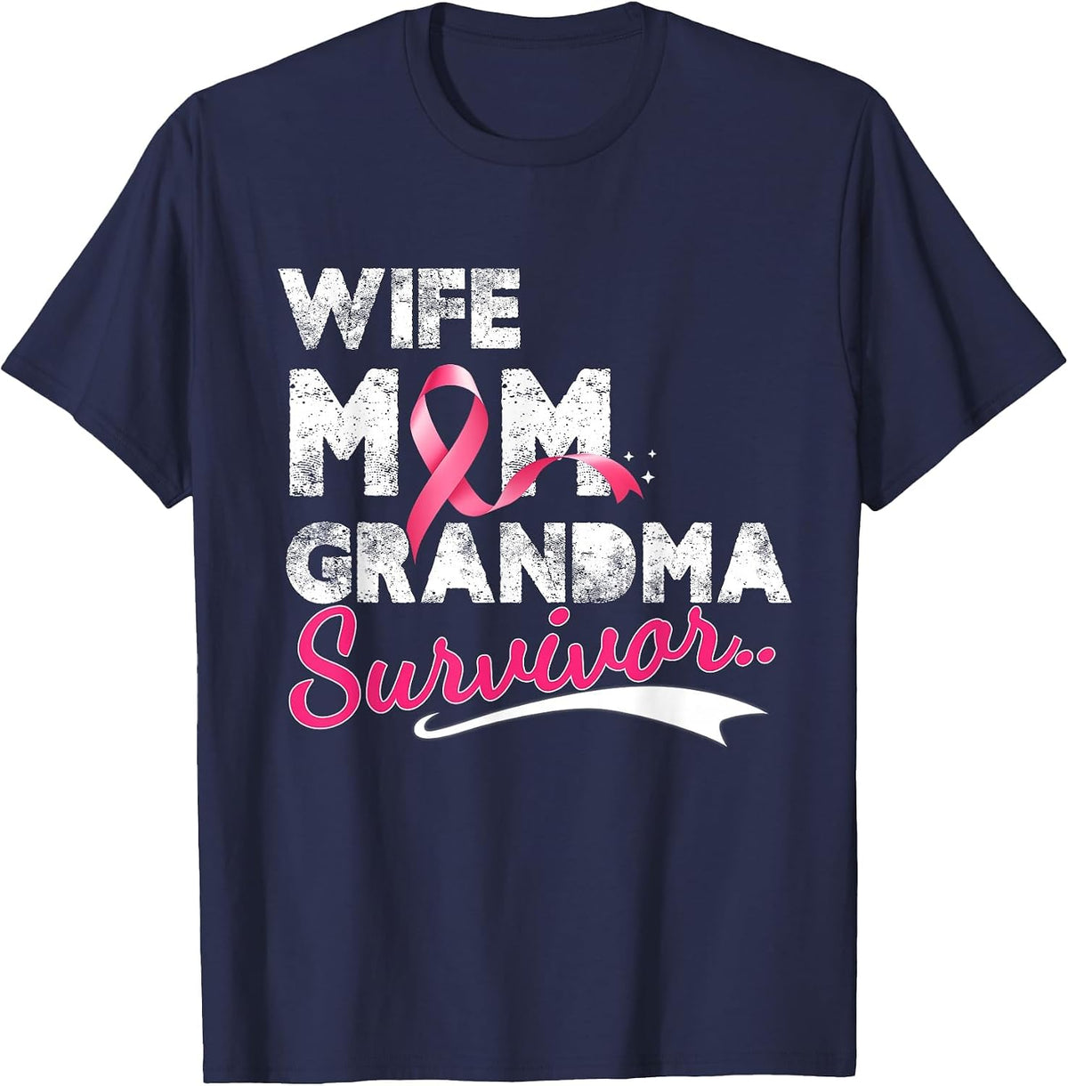 Wife Mom Grandma Survivor Breast Cancer Pink Ribbon T-Shirt - Navy Blue