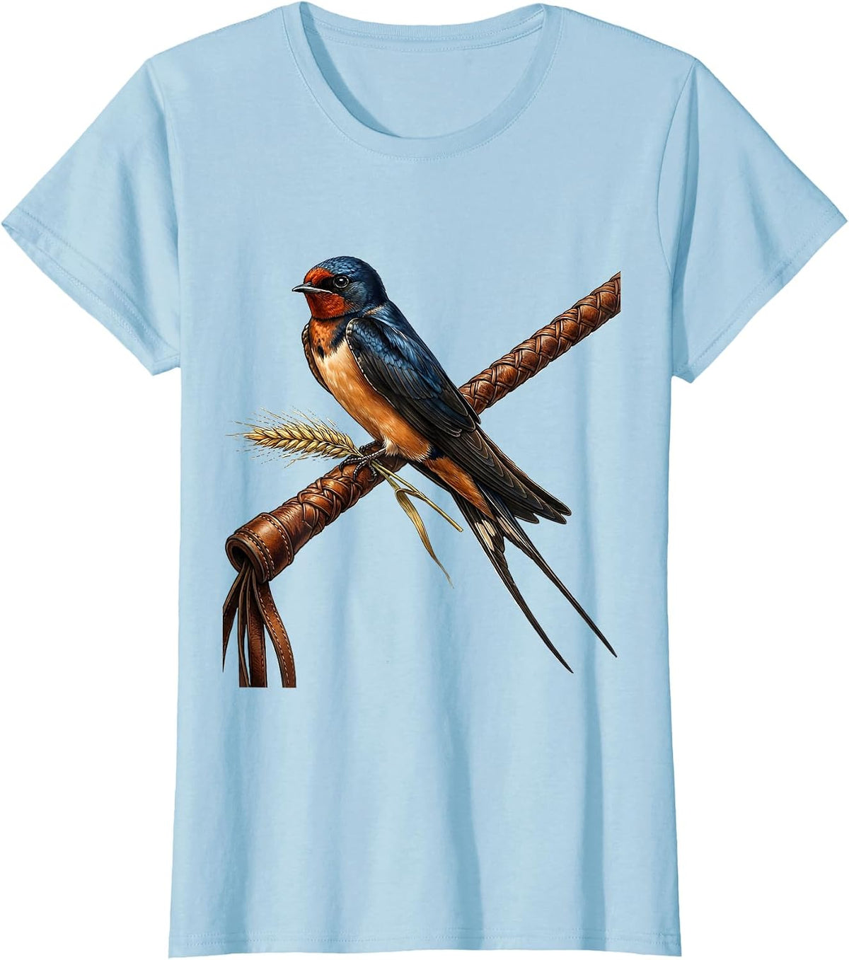 Barn Swallow on Riding Crop Equestrian Design T-Shirt - Baby Blue