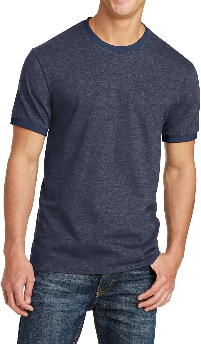 JustBlanks Men's Ringer Tee Shirt – 100% Cotton Short Sleeve Tshirt for Men - Heather Navy\/ Navy