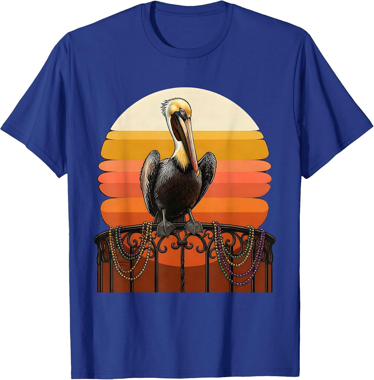 Men's Mardi Gras Pelican Balcony Beads Illustration T-Shirt - Royal Blue