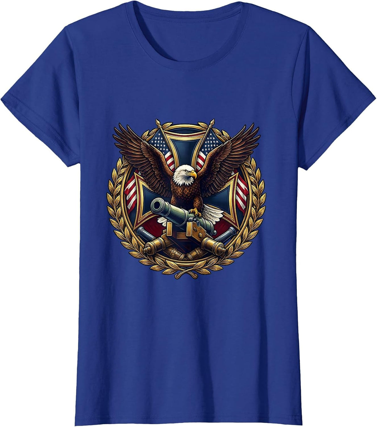 Women's Bald Eagle Perched on Artillery Cannon Patriotic T-Shirt - Royal Blue