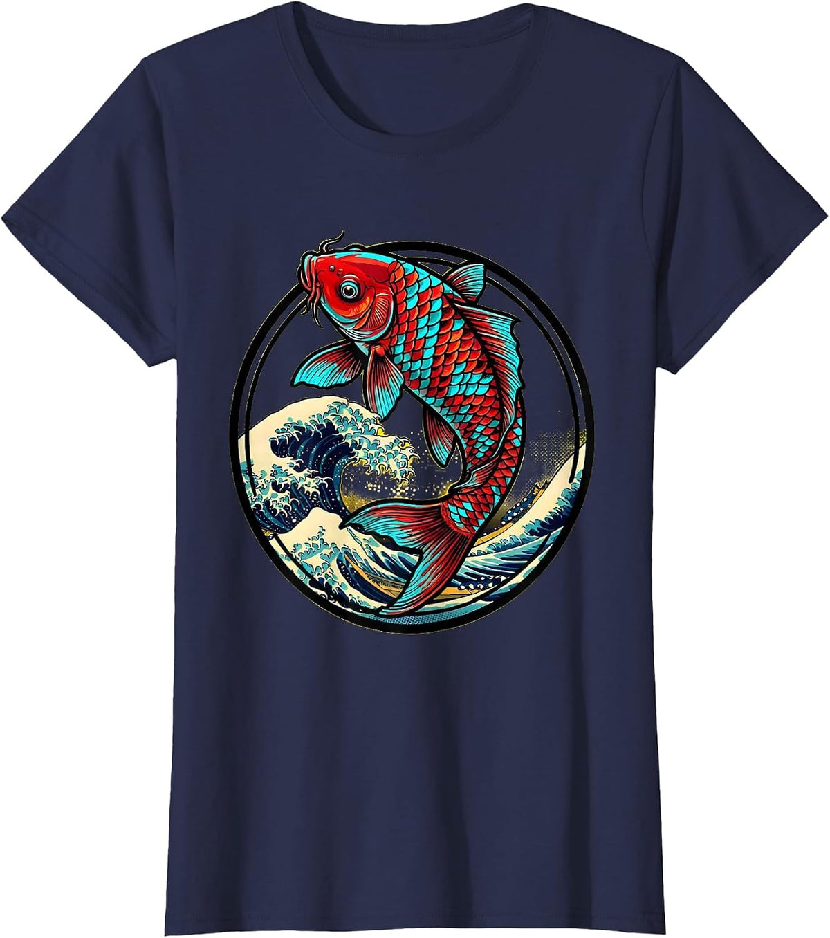 Women's Koi Fish Leaping Waves Japanese Anime Art T-Shirt - Navy Blue