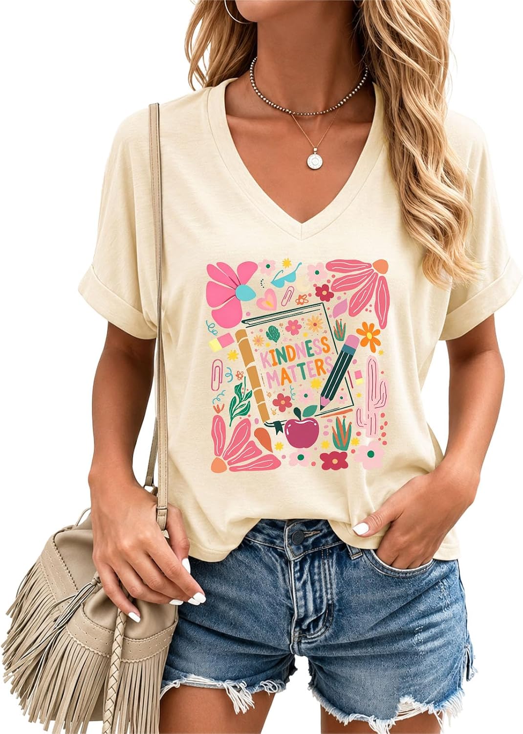 Teacher Shirts for Women Happy First Day of School T-Shirt Cute School Tee - Apricot