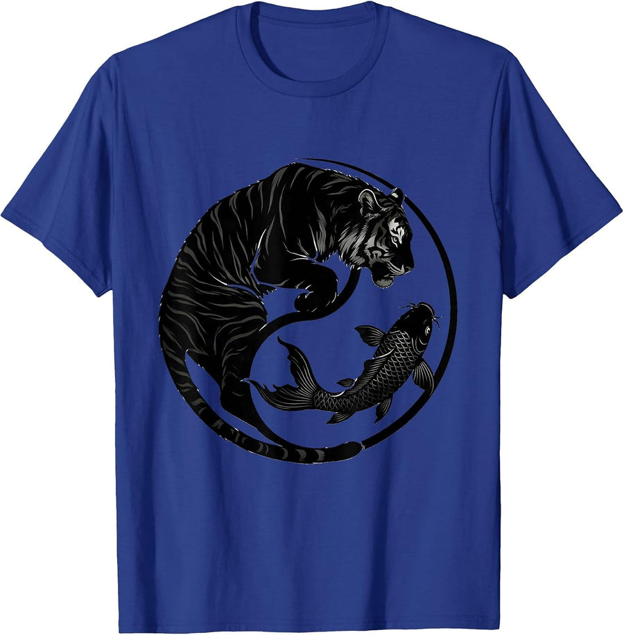 Tiger and Koi Fish Yin Yang Circle Graphic T-Shirt - Royal Blue